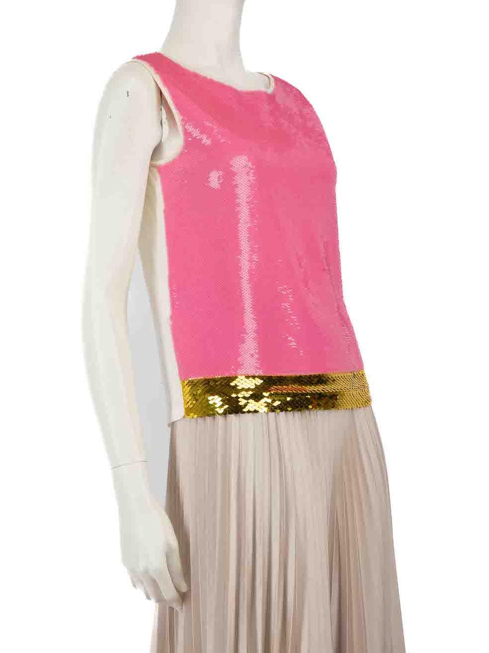 CONDITION is Very good. Hardly any visible wear to top is evident on this used Prada designer resale item.
 
 
 
 Details
 
 
 Pink
 
 Silk
 
 Top
 
 Front sequinned detail
 
 Sleeveless
 
 Round neck
 
 Gold sequinned trim
 
 
 
 
 
 Made in Italy
