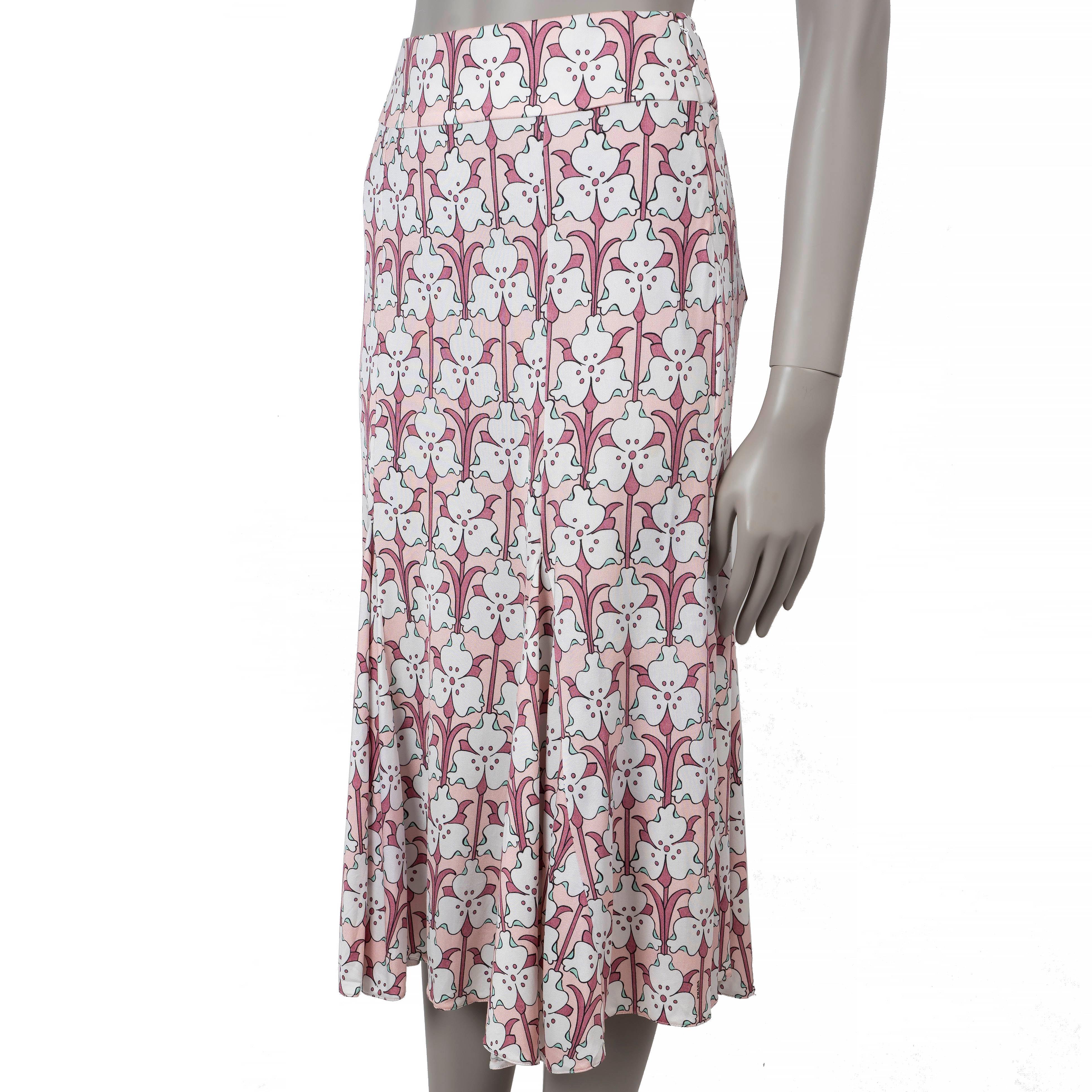 Prada A-line skirt in pale pink jersey silk (100%) features Iris print in pink, cream and green and godet hem. Opens with a concealed zipper on the side and is unlined. Has been worn and is in excellent condition.

2018 Resort

Measurements
Tag