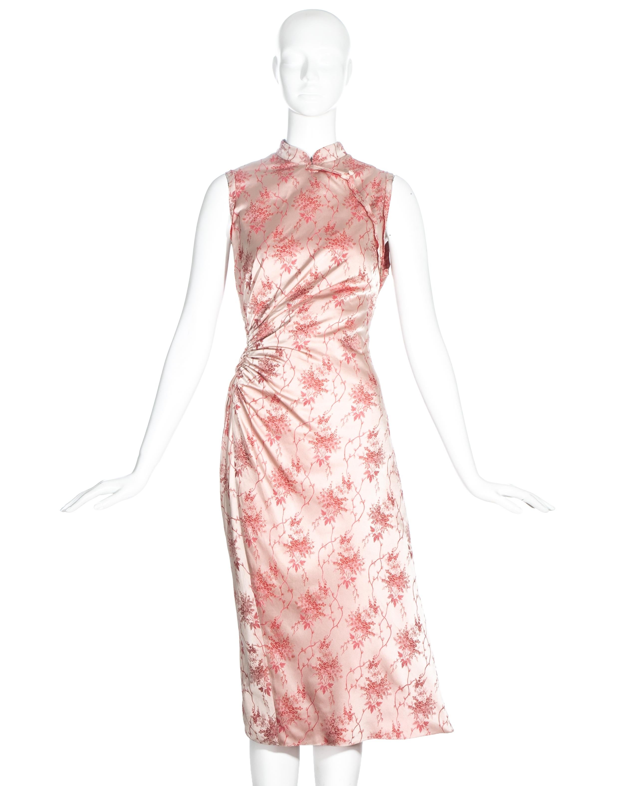 Prada pink silk brocade cheongsam style mid-length dress with ruched seam on waist.

Spring-Summer 2002
