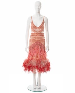 Prada pink silk feather embellished bra and skirt with beaded fringe, fw 2017