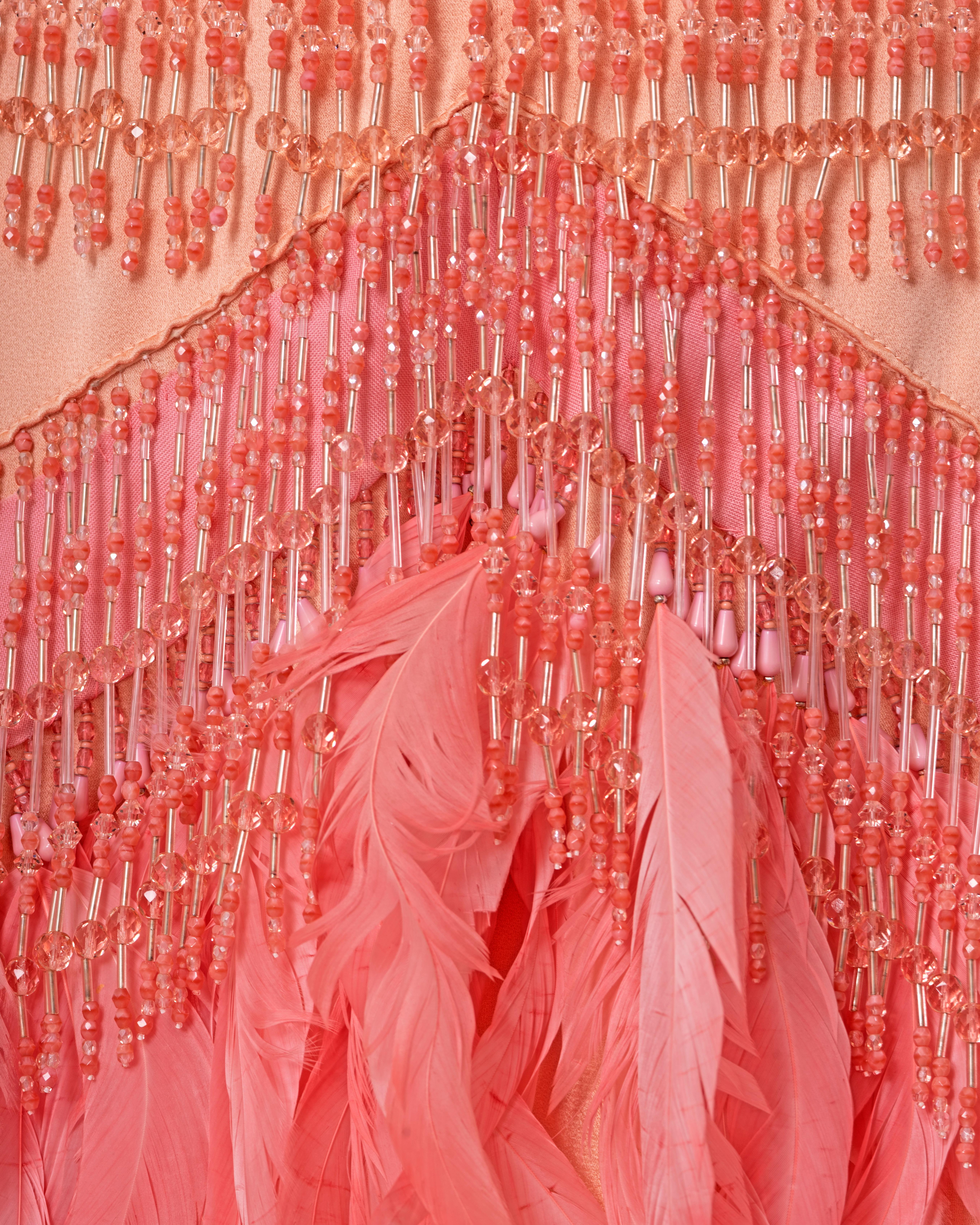 Prada pink silk feather embellished bra and skirt with beaded fringe, fw 2017 In Excellent Condition For Sale In London, GB