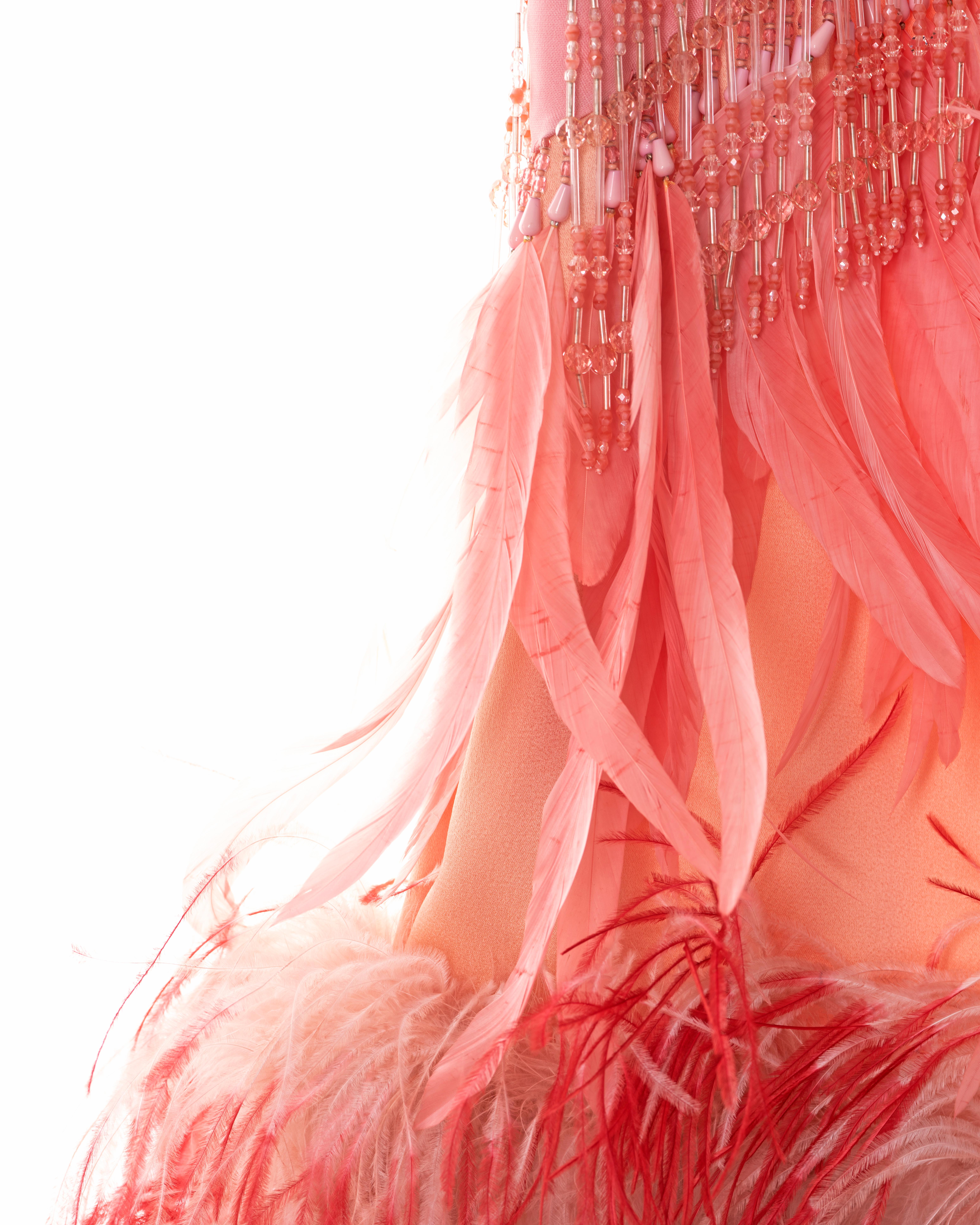 Women's Prada pink silk feather embellished bra and skirt with beaded fringe, fw 2017 For Sale