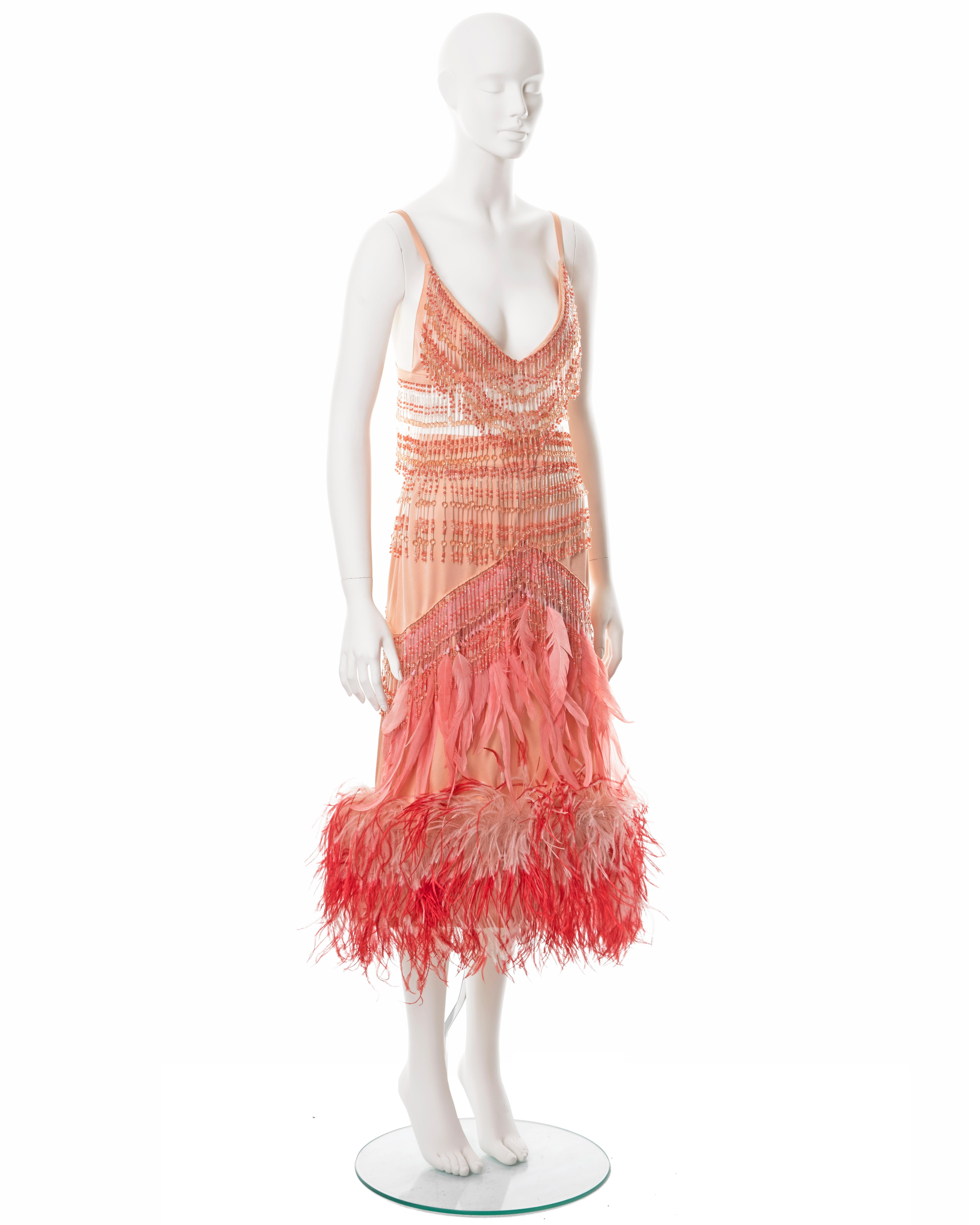 Prada pink silk feather embellished bra and skirt with beaded fringe, fw 2017 For Sale 2