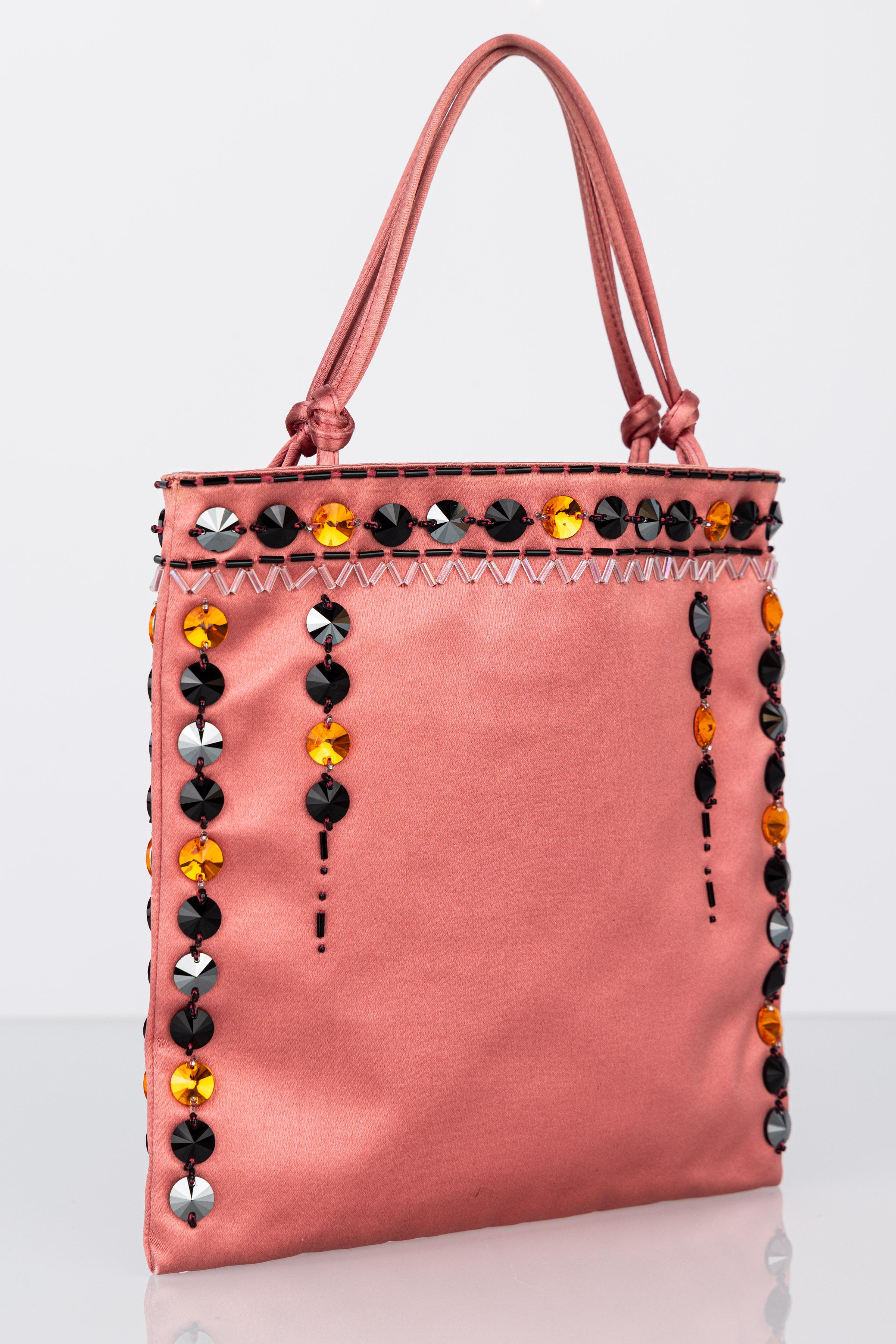 Prada Pink Silk Jewel Beaded Bag In Good Condition For Sale In Boca Raton, FL