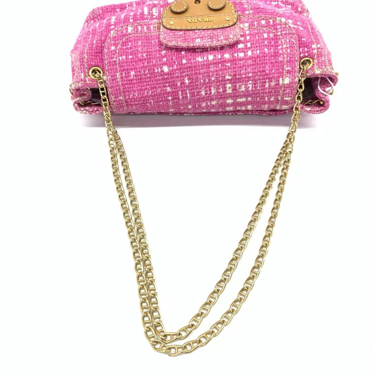 Prada Pink Sound Lock Tweed Shoulder Bag For Sale 2