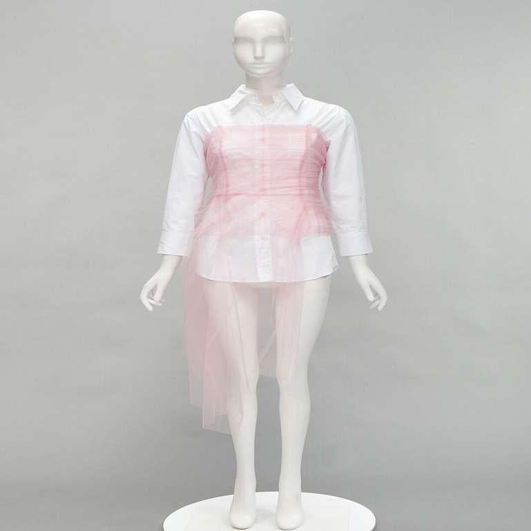 PRADA pink tulle overlay asymmetric white shirt layered top 6