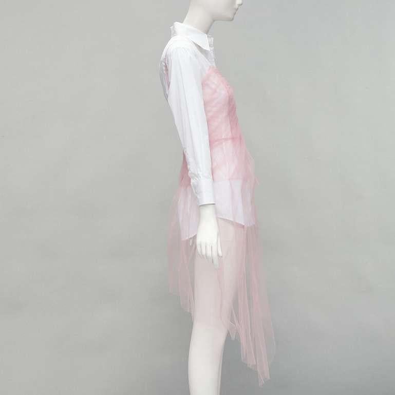 Women's PRADA pink tulle overlay asymmetric white shirt layered top