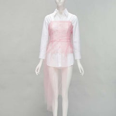 PRADA pink tulle overlay asymmetric white shirt layered top