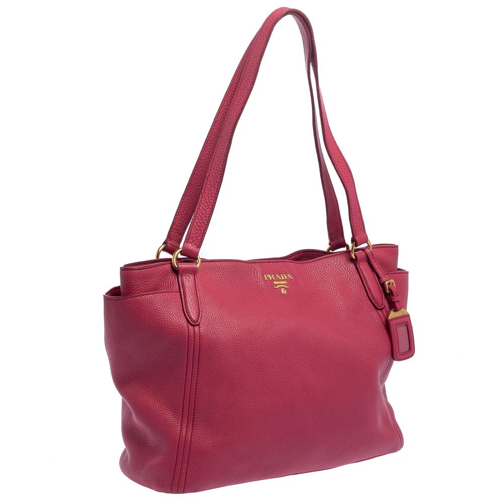 Prada Pink Vitello Daino Leather Side Pocket Tote In Good Condition In Dubai, Al Qouz 2