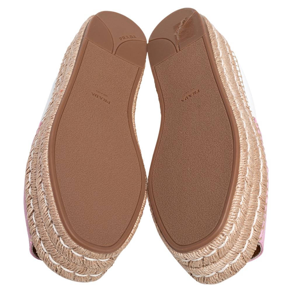 Prada Pink/White Leather Peep Toe Platform Espadrilles Size 36.5 In New Condition In Dubai, Al Qouz 2