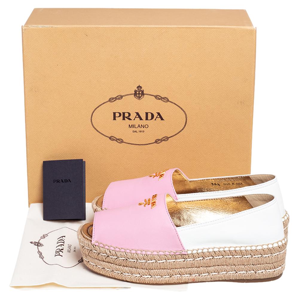 Prada Pink/White Leather Peep Toe Platform Espadrilles Size 36.5 1