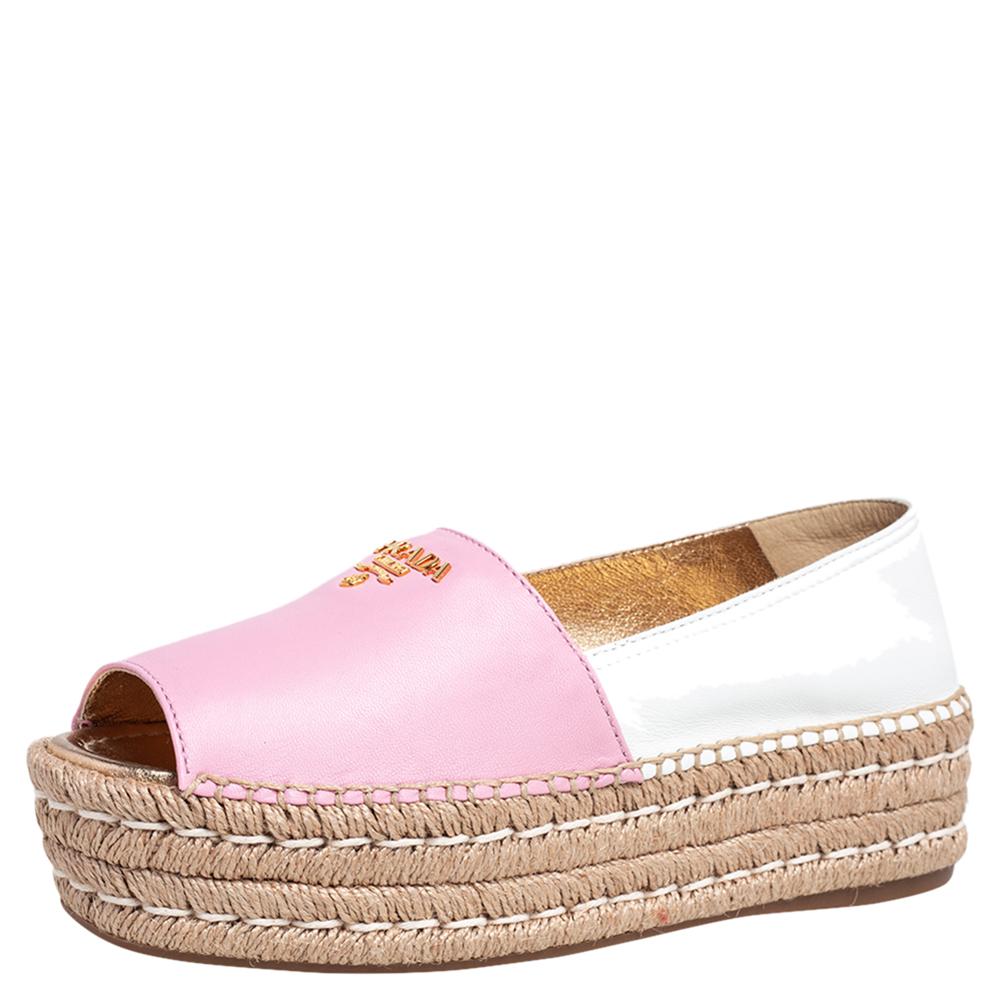 Prada Pink/White Leather Peep Toe Platform Espadrilles Size 36.5