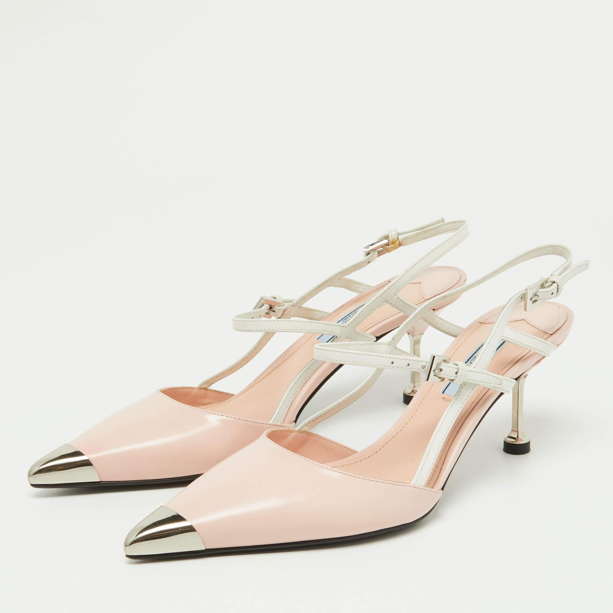 Prada Pink/White Leather Pointed Toe Slingback Pumps Size 38 4