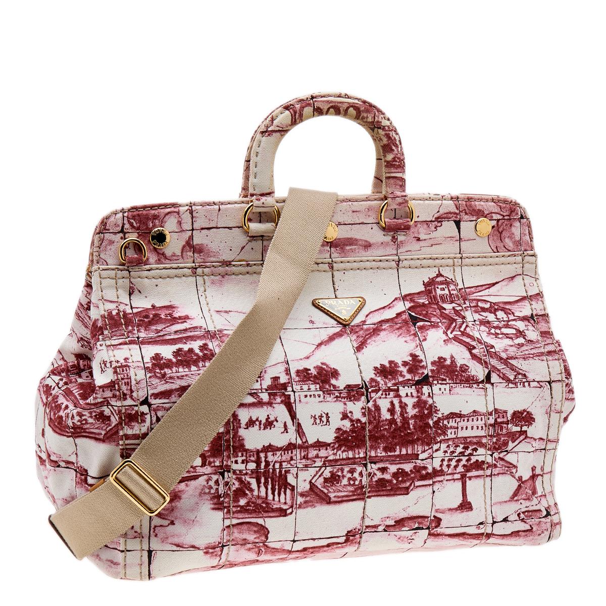 Beige Prada Pink/White Printed Canvas Canapa Tote