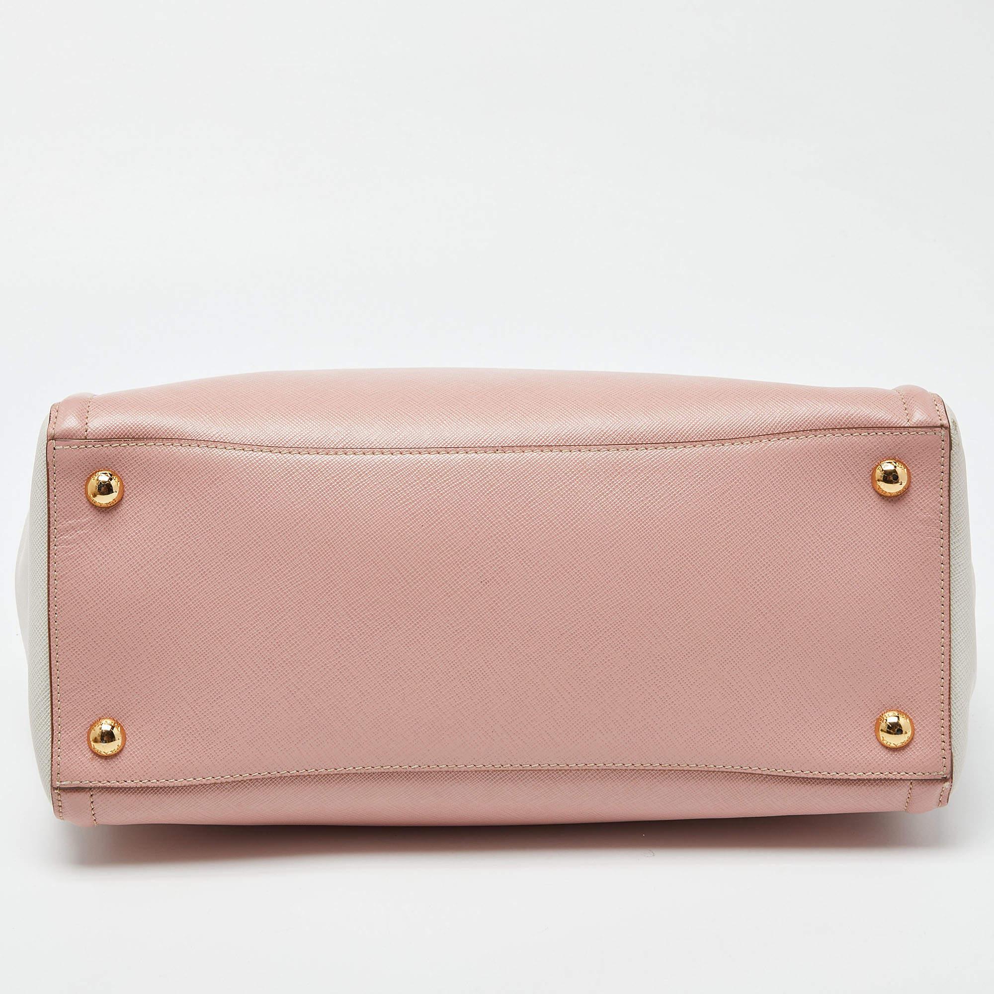 Prada Pink/White Saffiano Lux Leather Open Tote For Sale 7