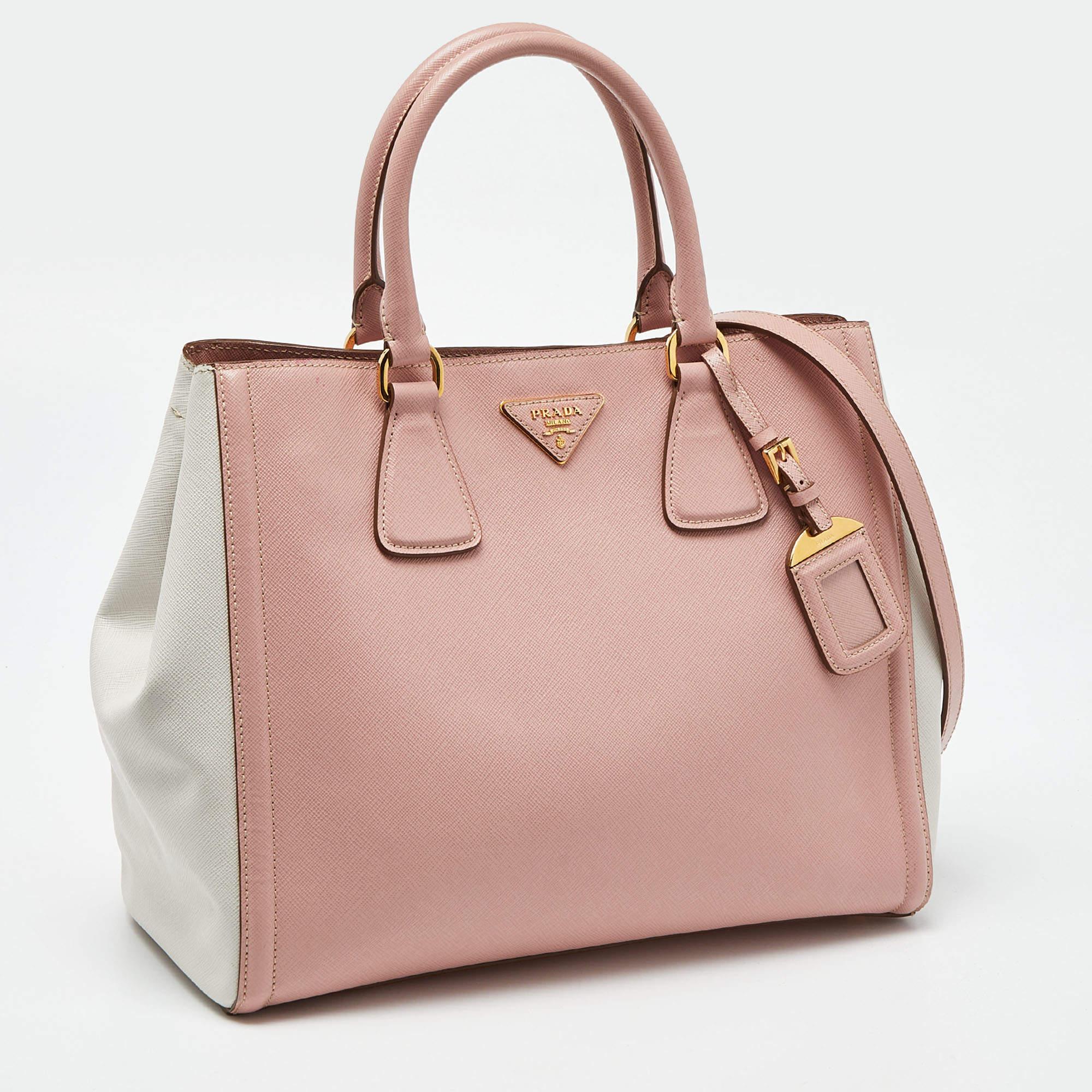 Prada Pink/White Saffiano Lux Leather Open Tote For Sale 3