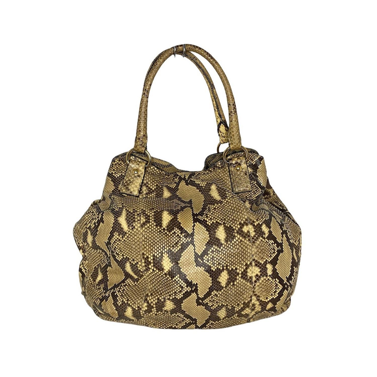 Brown and tan python PRADA satchel bag with gold-tone hardware, dual rolled shoulder straps, PRADA triangle name plate at exterior side, spacious interior, tonal leather lining, one zipped pocket at interior wall and magnetic snap closure at