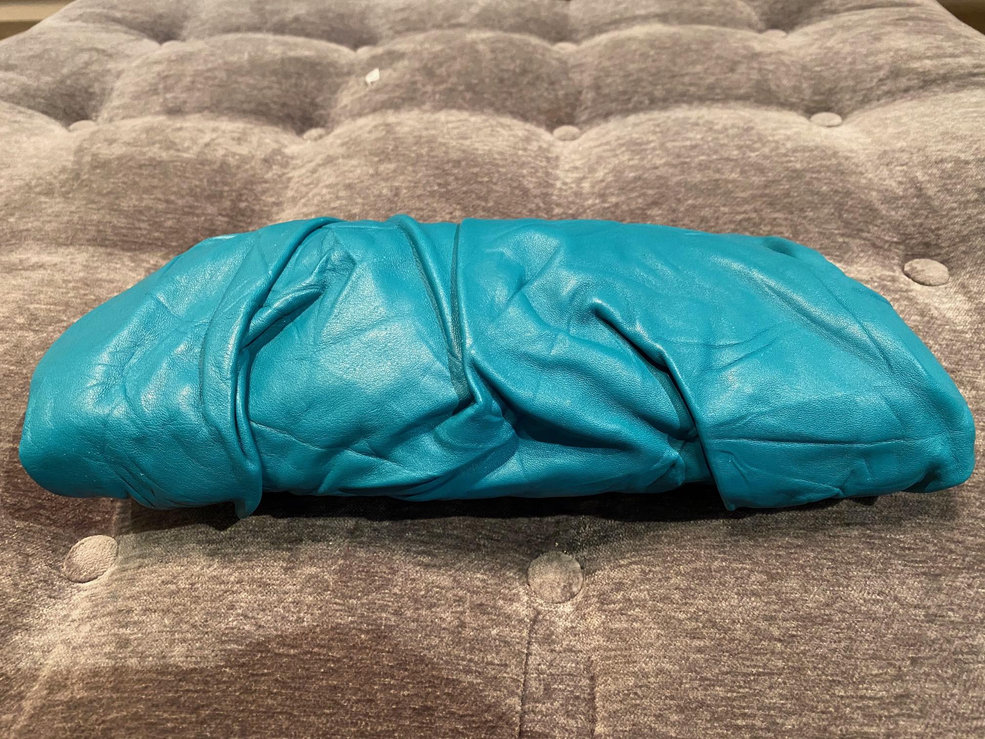 Blue Prada Pleated Leather Clutch With Tags For Sale
