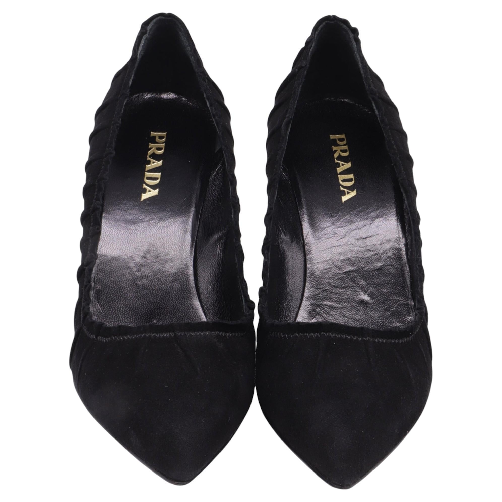 Pre-owned Prada Pleated Pointed-toe Pumps In Black Suede
