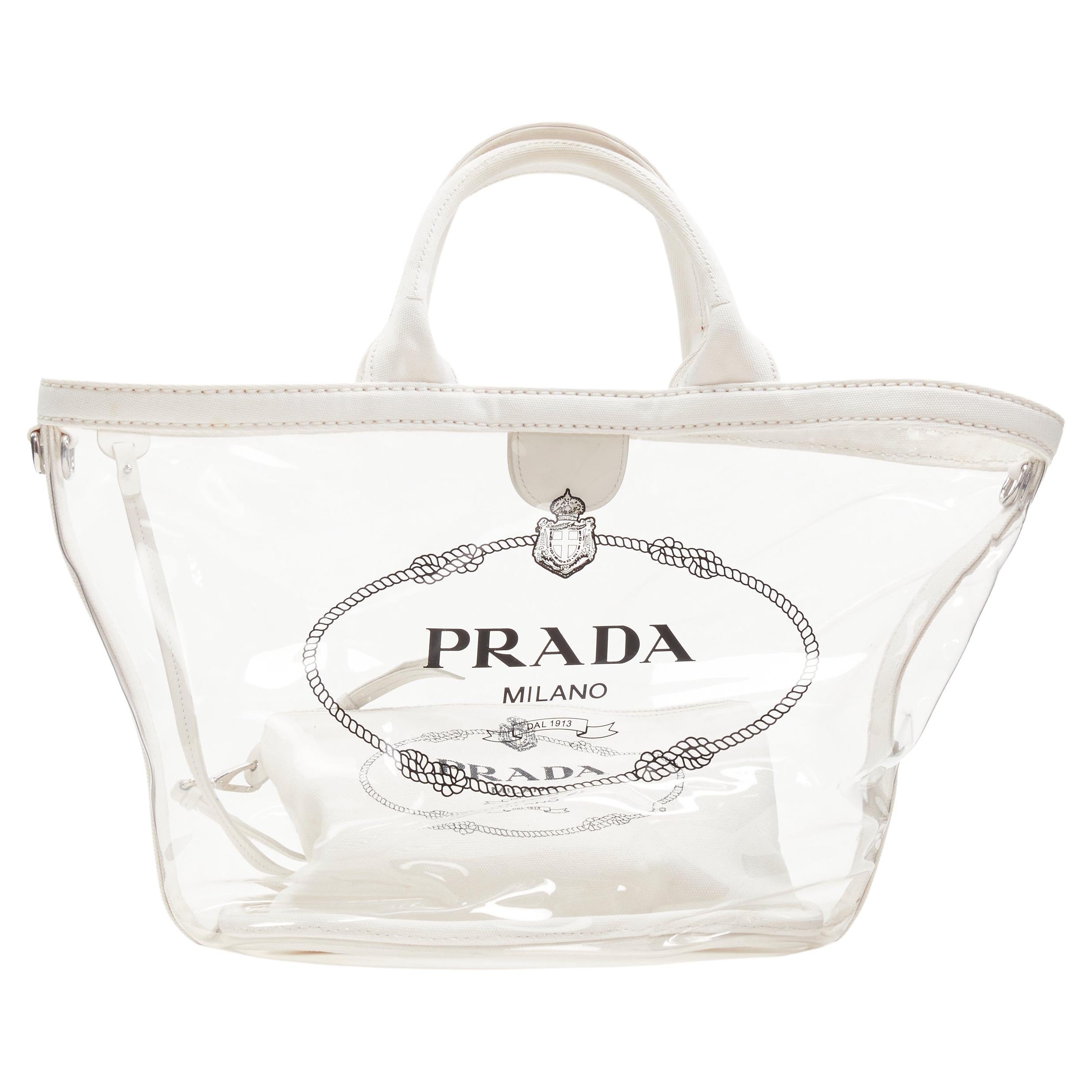 PRADA Plex logo print clear PVC white canvas trim shoulder tote bag For  Sale at 1stDibs
