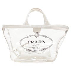 PRADA Plex logo print clear PVC white canvas trim shoulder tote bag