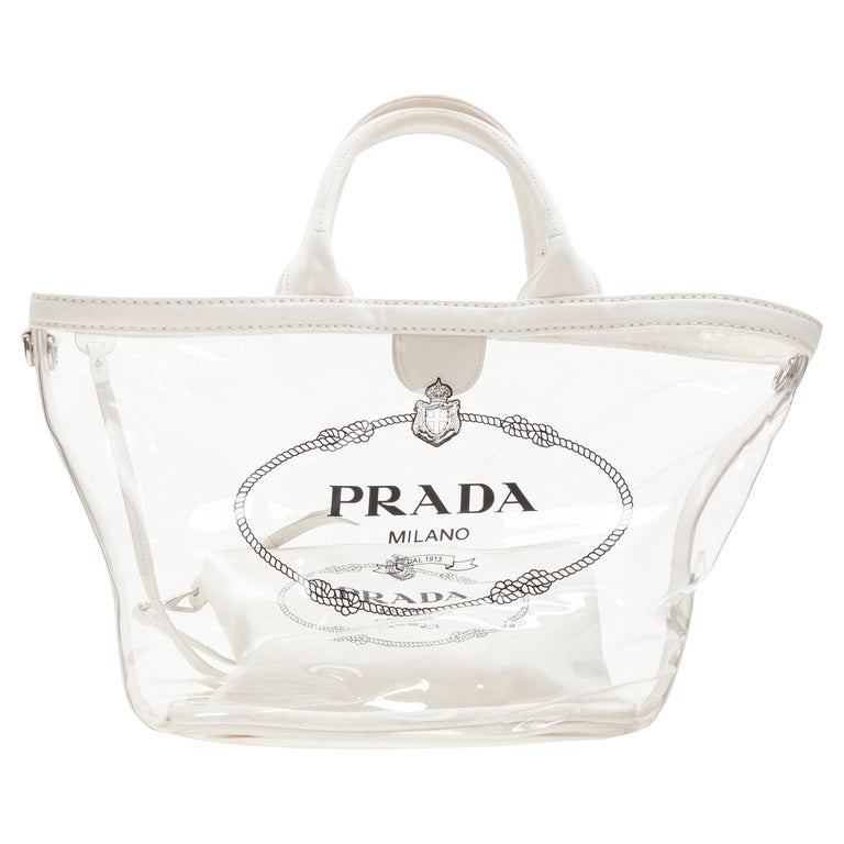 PRADA Plex logo print clear PVC white canvas trim shoulder tote bag For ...