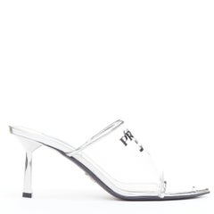 PRADA Plexiglass logo print clear PVC triangle toe mule heels EU37.5