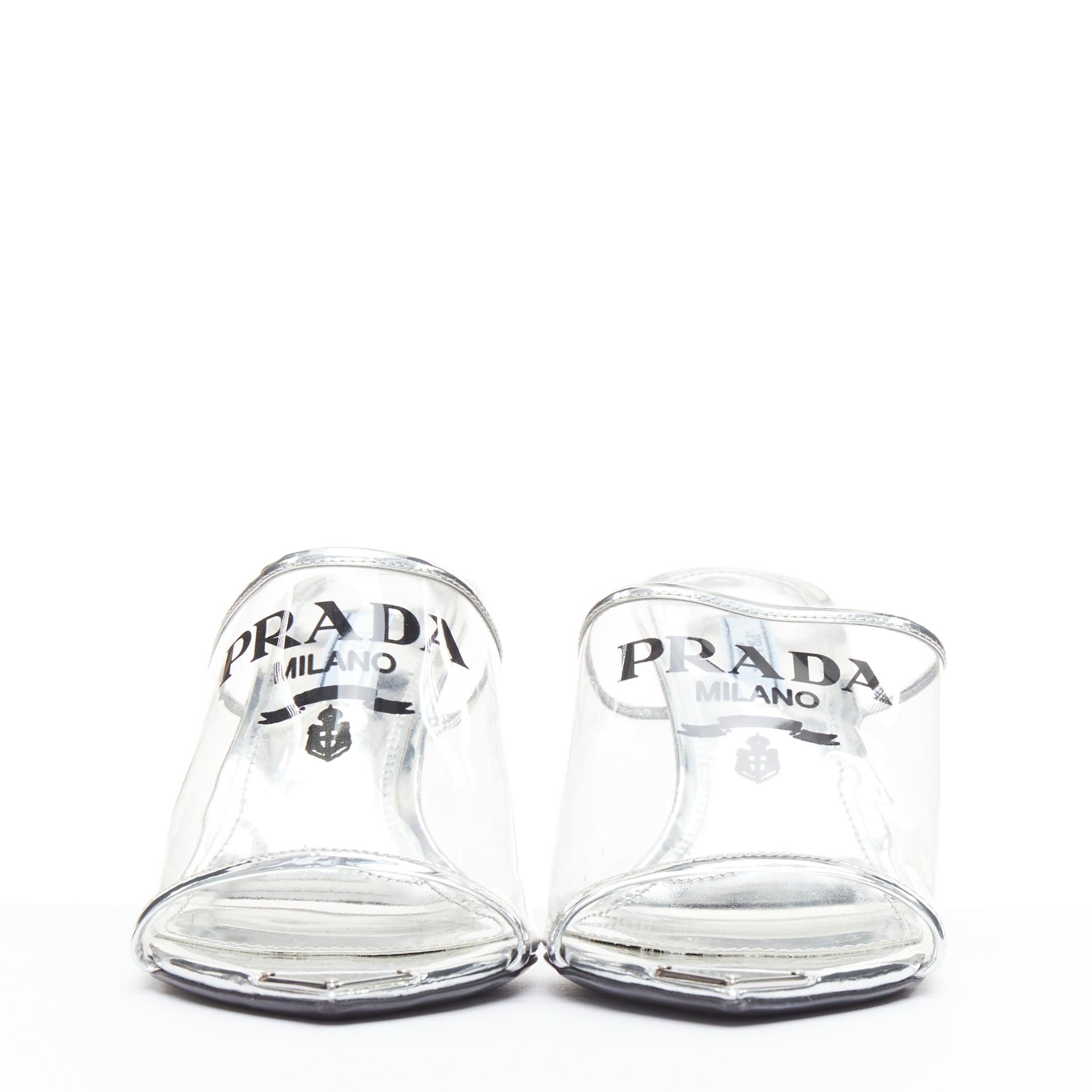 Gris PRADA Plexiglass logo print clear PVC triangle toe mule heels EU37.5 en vente