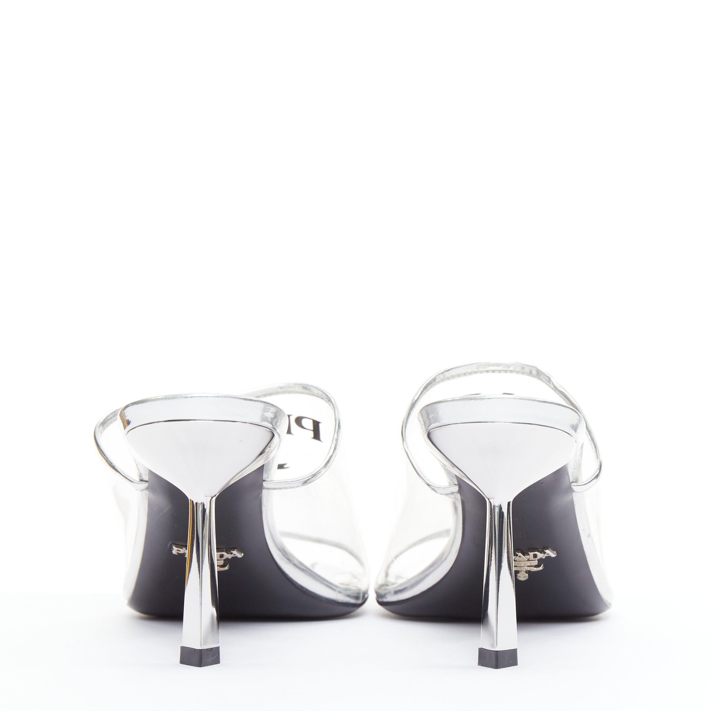 PRADA Plexiglass logo print clear PVC triangle toe mule heels EU37.5 Pour femmes en vente