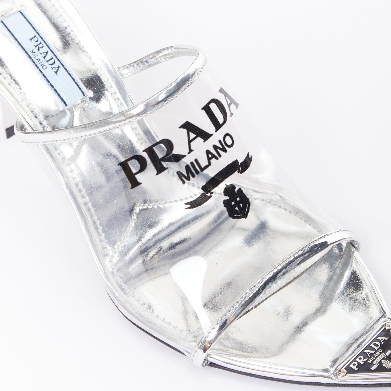 PRADA Plexiglass logo print clear PVC triangle toe mule heels EU37.5 en vente 2