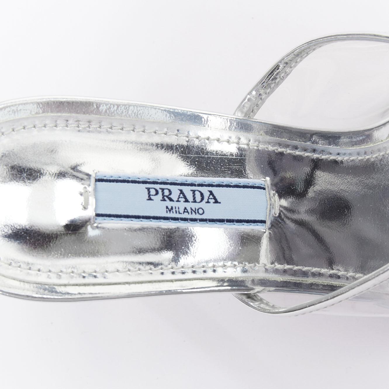 PRADA Plexiglass logo print clear PVC triangle toe mule heels EU37.5 en vente 4