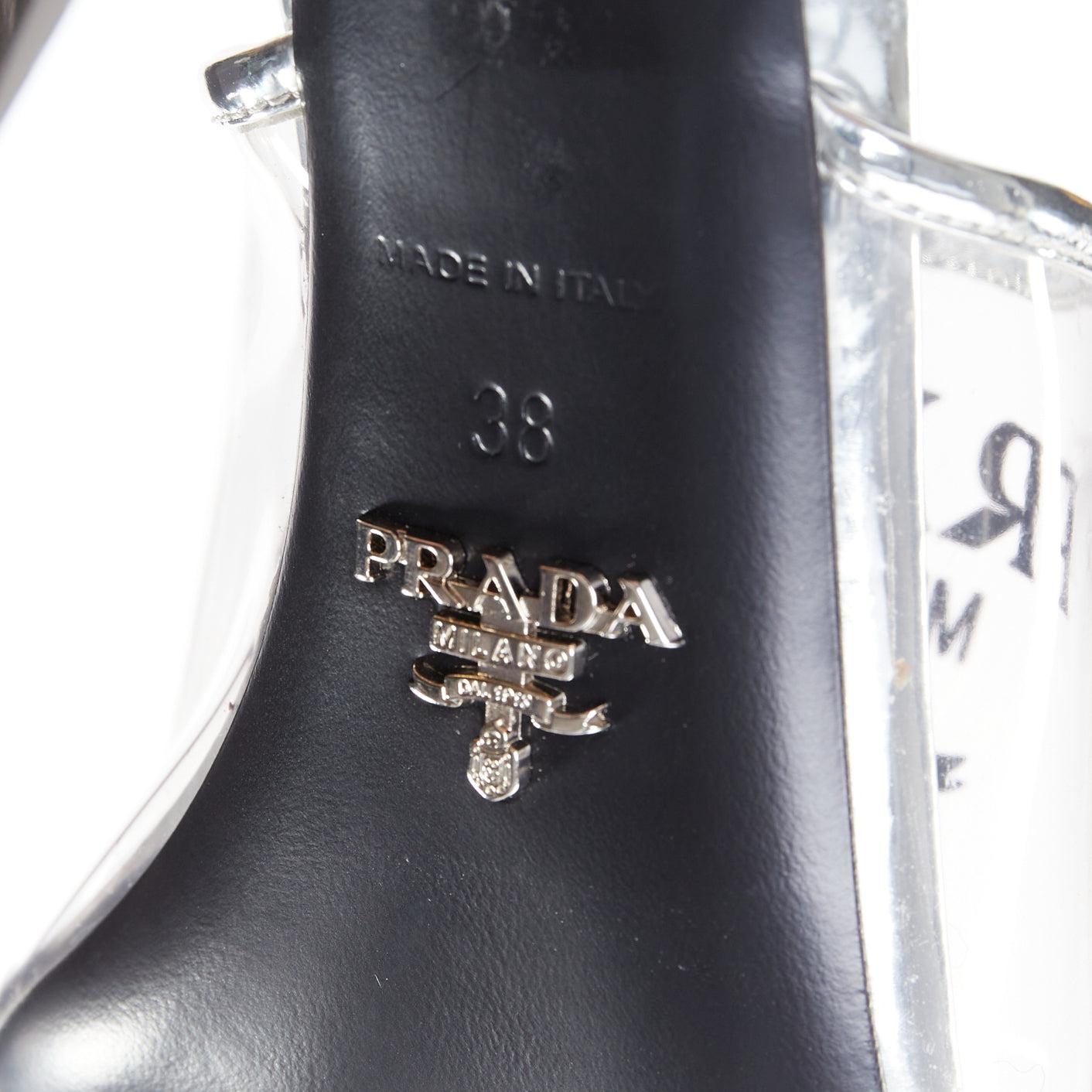 PRADA Plexiglass logo print clear PVC triangle toe mule heels EU38 For Sale 5