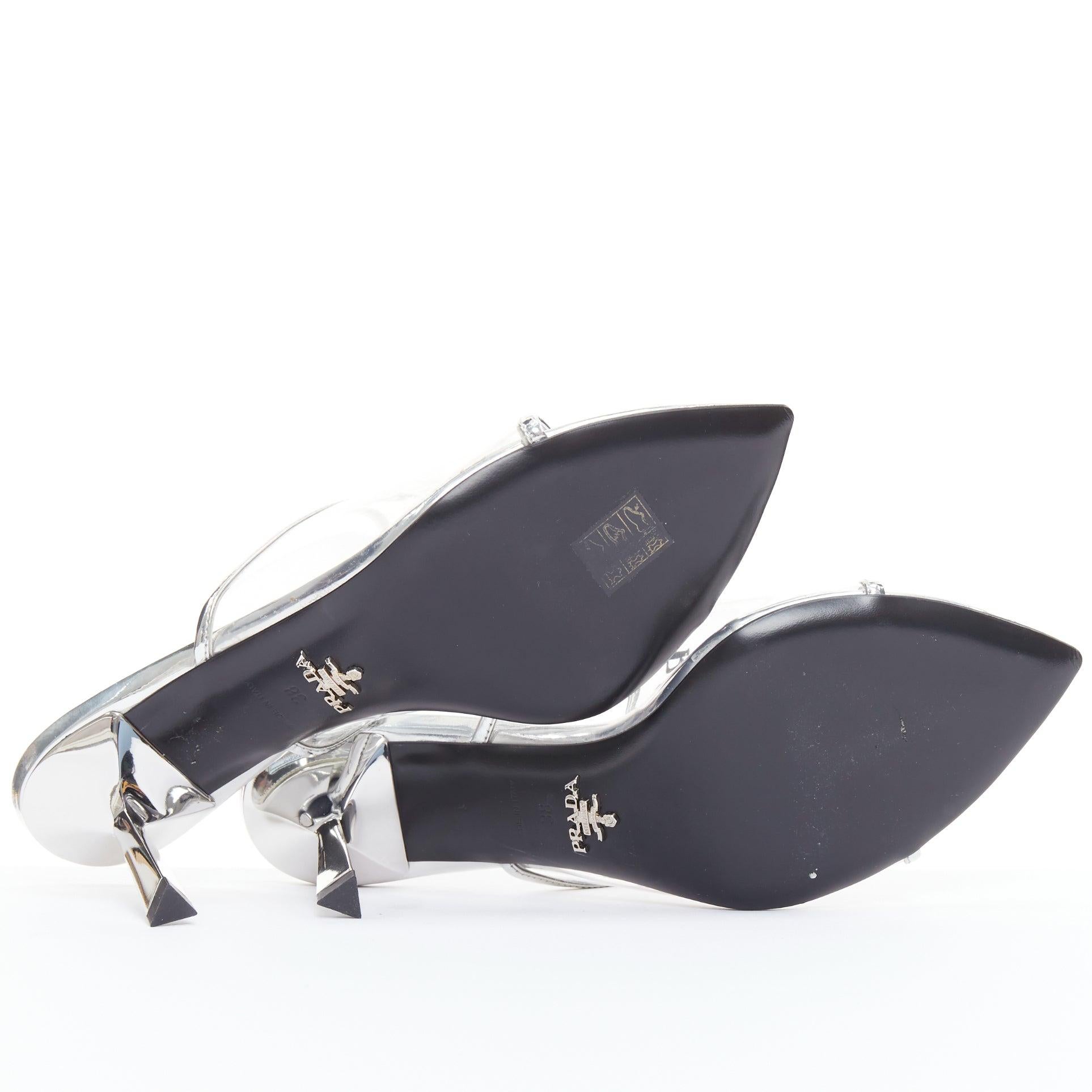 PRADA Plexiglass logo print clear PVC triangle toe mule heels EU38 For Sale 6