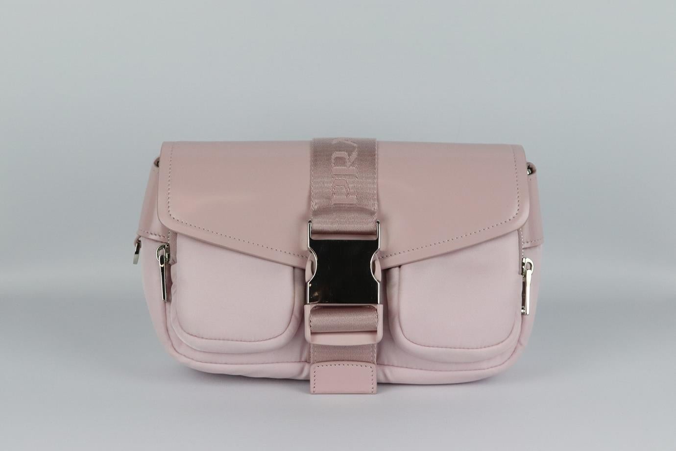 Prada Pocket leather and nylon shoulder bag. Pink. Buckle fastening at front. Does not come with dustbag or box. Height: 6.4 in. Width: 2 in. Depth: 5 in. Strap Drop: 34 in. Very good condition - Barely used. Light scratching to hardware; see