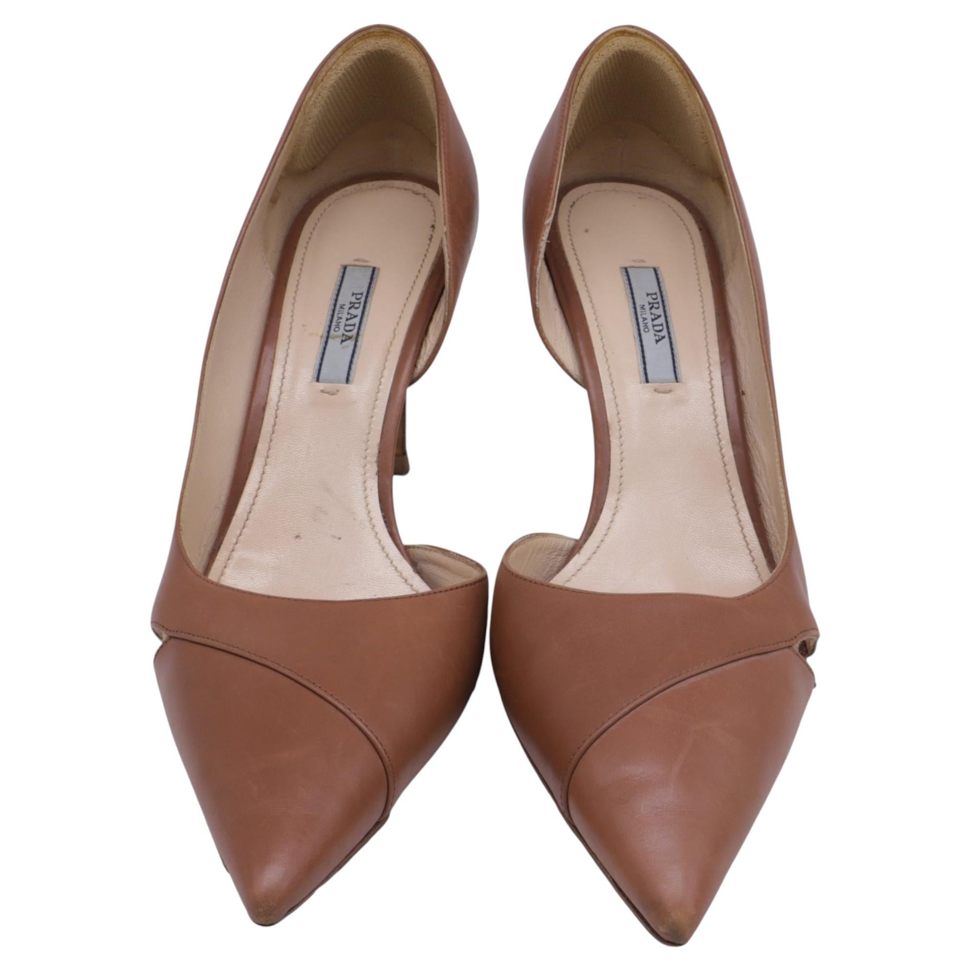 Pre-owned Prada Pointed-toe D'orsay Pumps In Brown Leather