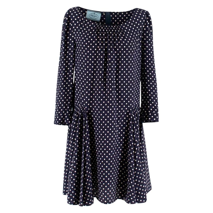 Prada Polka Dot Navy Silk Swing Dress - Size US 8 For Sale