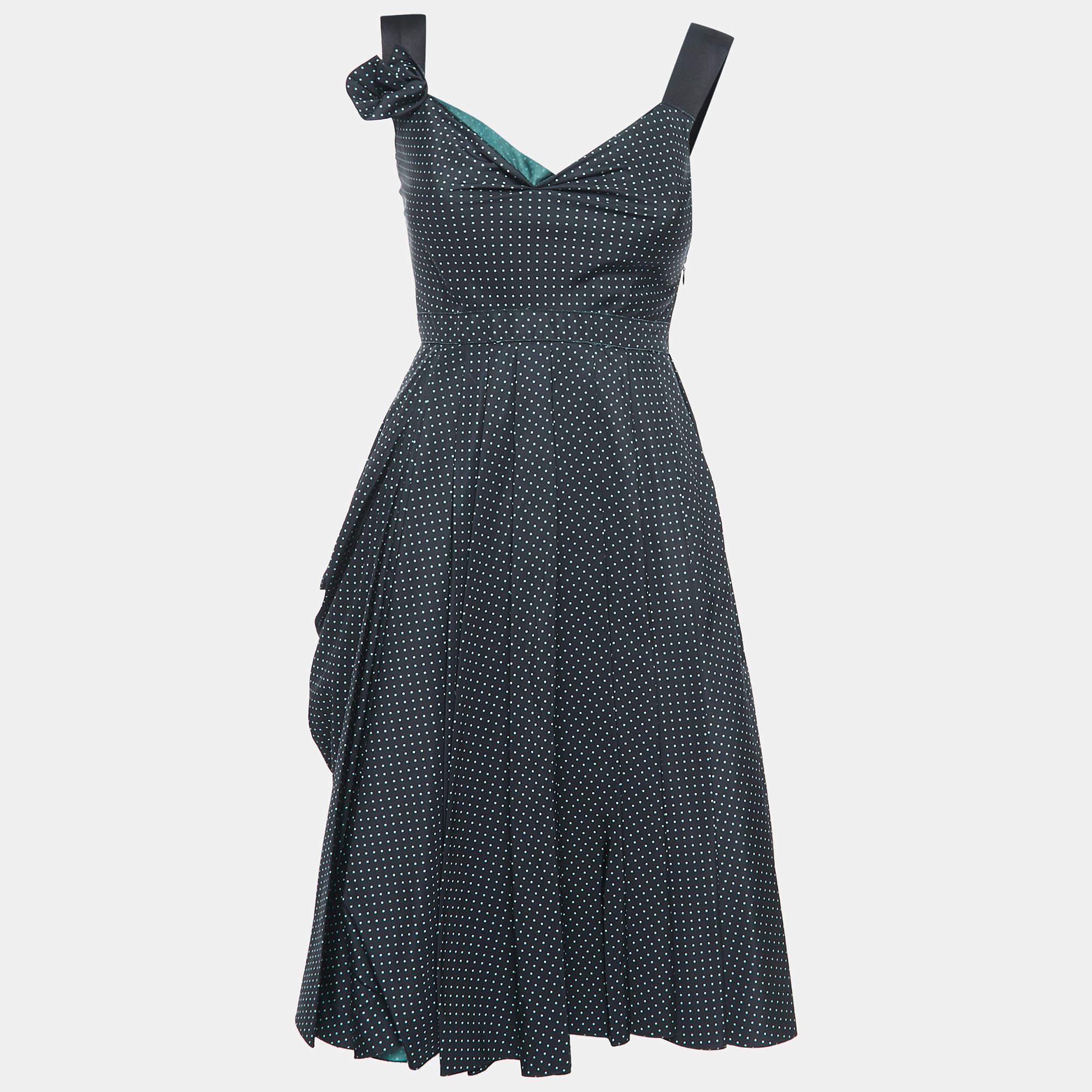 Prada Polka Dot Silk Draped Sleeveless Short Dress S In Good Condition For Sale In Dubai, Al Qouz 2