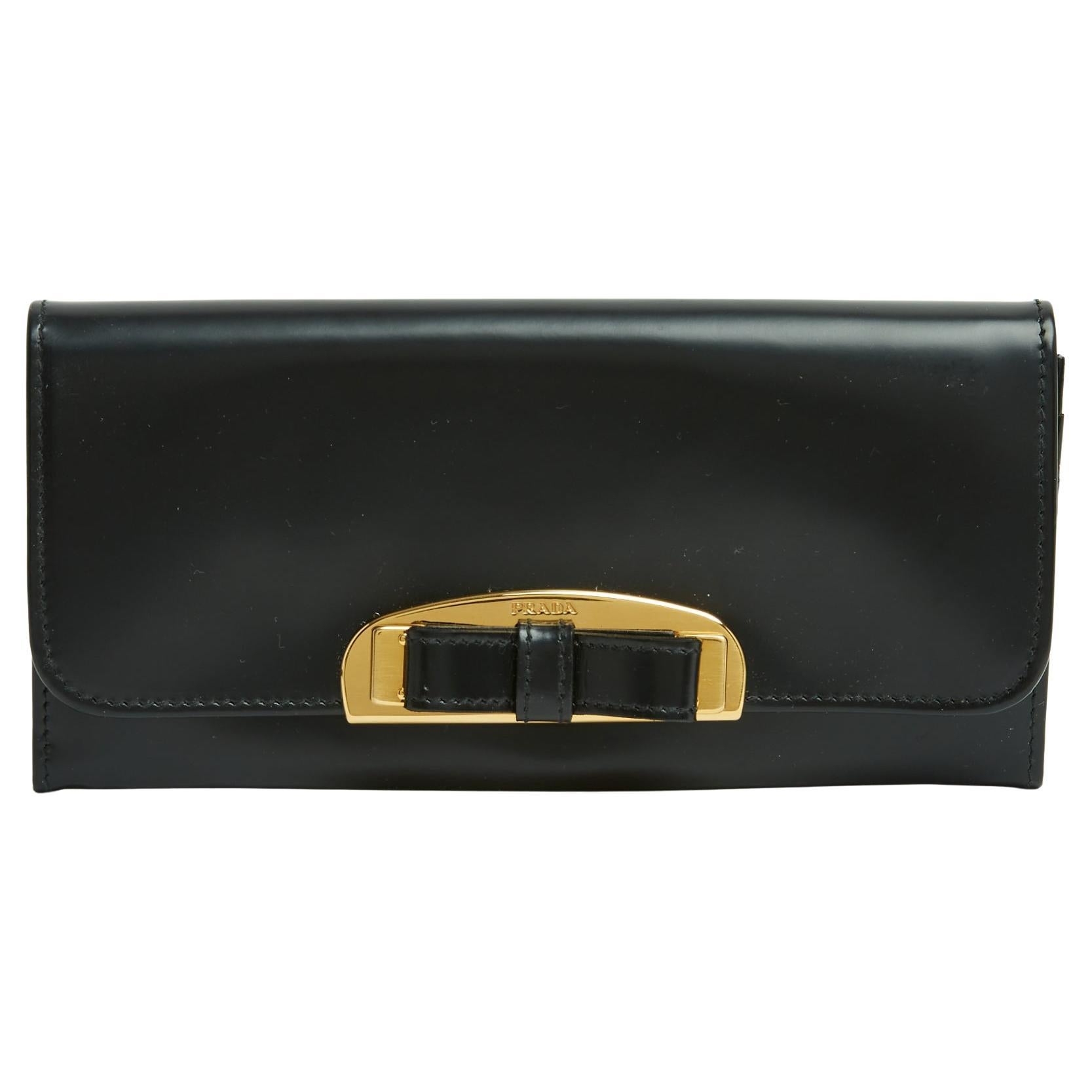 Prada Portefeuille Pochette Cuir Noir Nero Pelle Nodo Portafoglio Clutch in scatola