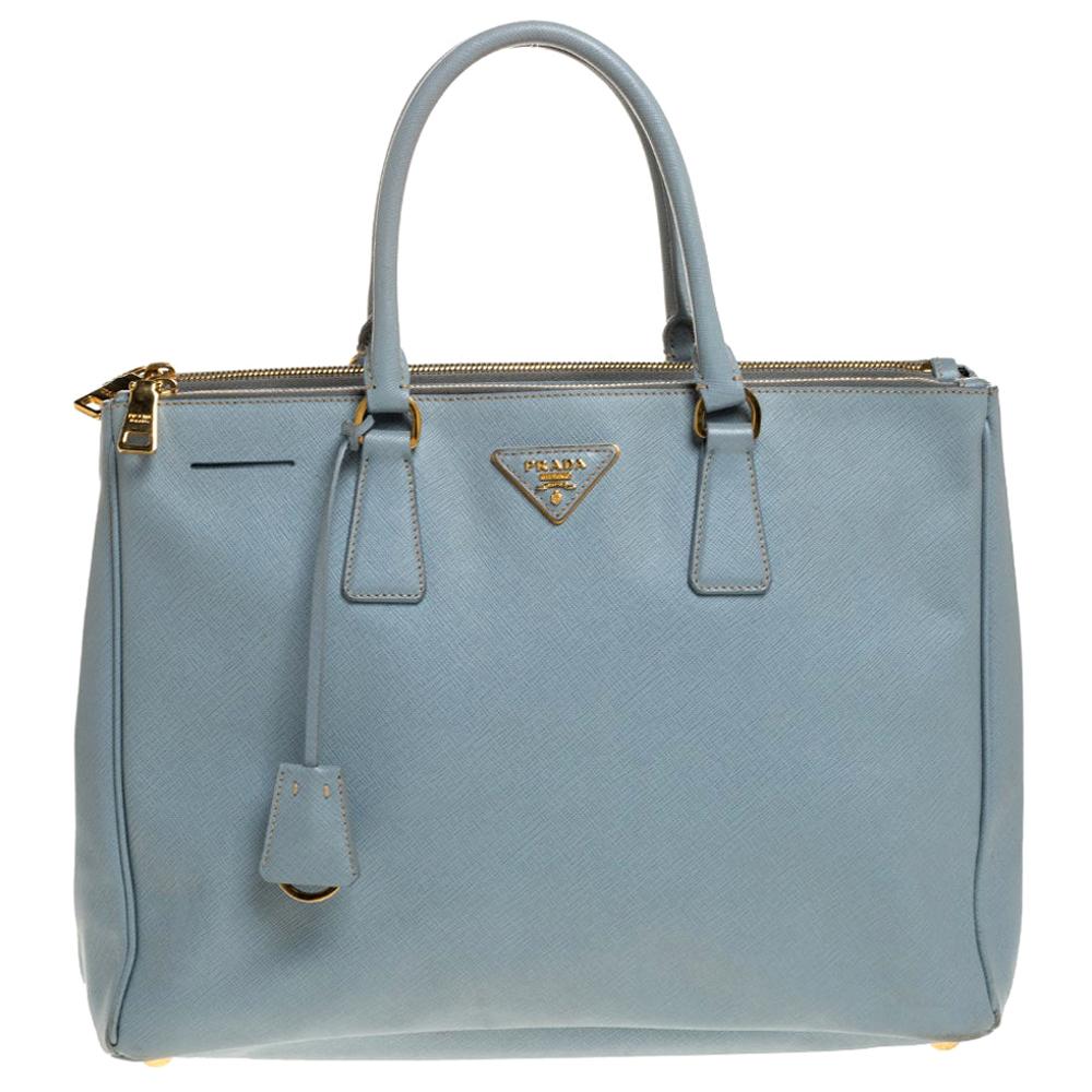 Prada Powder Blue Saffiano Lux Leather Large Double Zip Tote