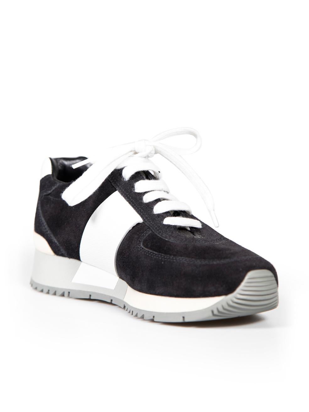 Condition
 
 CONDITION is Never worn. No visible wear to trousers is evident on this new Prada Sport designer resale item.
 
 Details
 
 
 
 Black
 
 Suede
 
 Trainers
 
 Lace up fastening
 
 White leather stripe
 
 Round toe
 
 
 
 
 
 Size: UK 2 /
