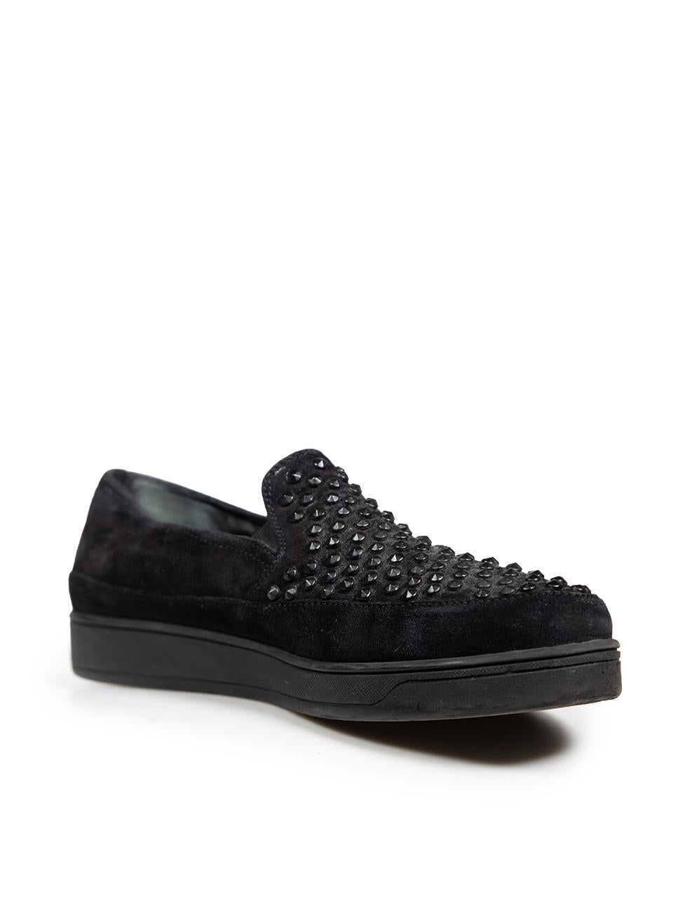 CONDITION is Very good. Minimal wear to the loafers is evident. Dust between the studs on both shoes. Abrasion to both shoes on either side, the counters, the rim at the front of the shoe and on the back of the left on this used Prada designer