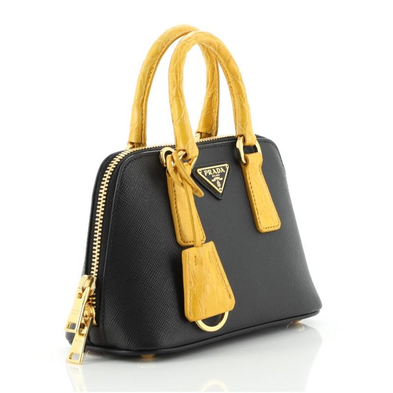 Black Prada Promenade Bag Saffiano Leather with Crocodile Mini