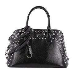Prada Promenade Handbag Studded Vernice Saffiano Leather Medium