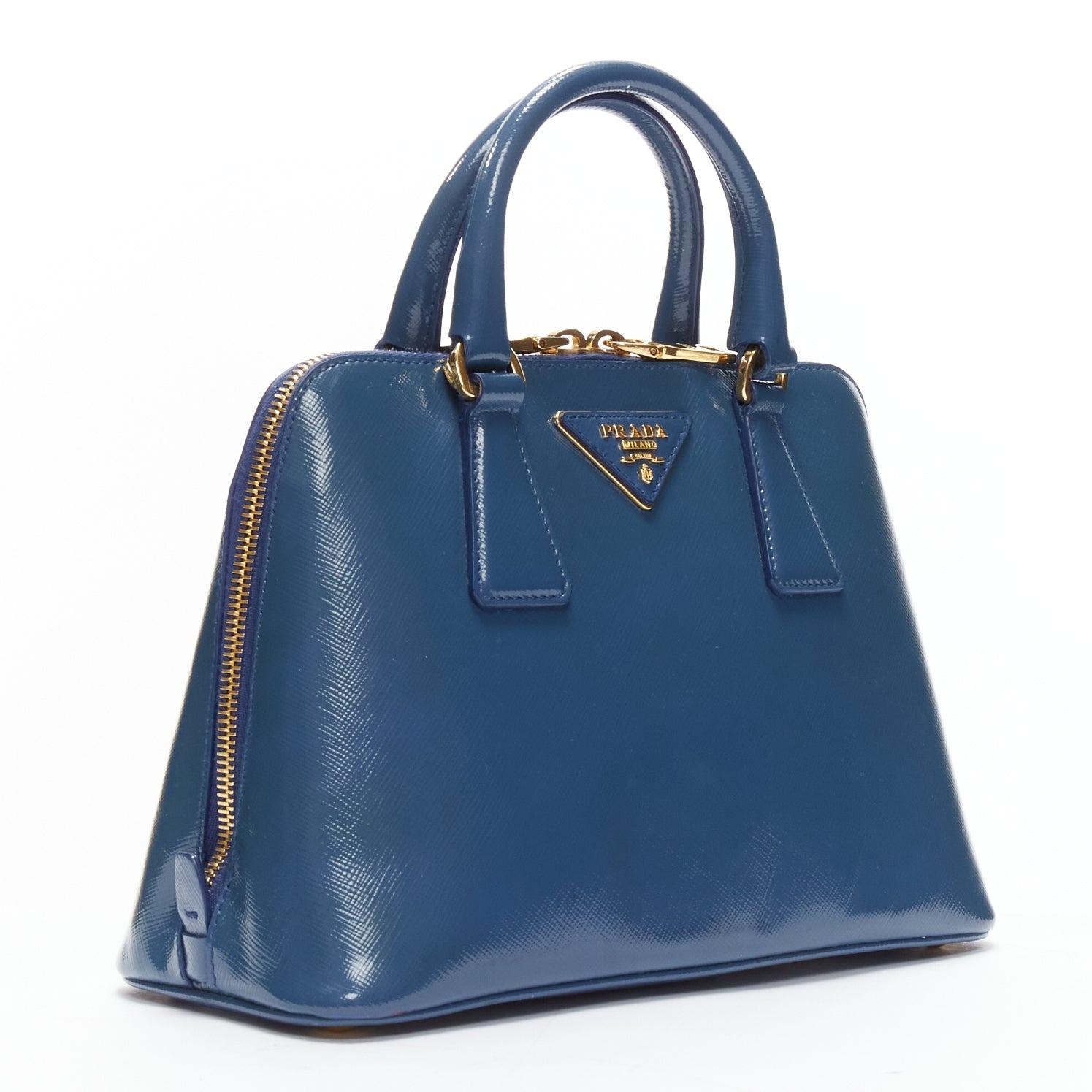 Blue PRADA Promenade Vernice Saffiano blue leather triangle logo top handle tote bag For Sale