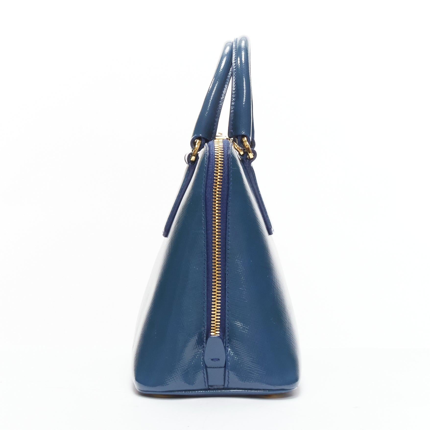 PRADA Promenade Vernice Saffiano blue leather triangle logo top handle tote bag In Good Condition For Sale In Hong Kong, NT