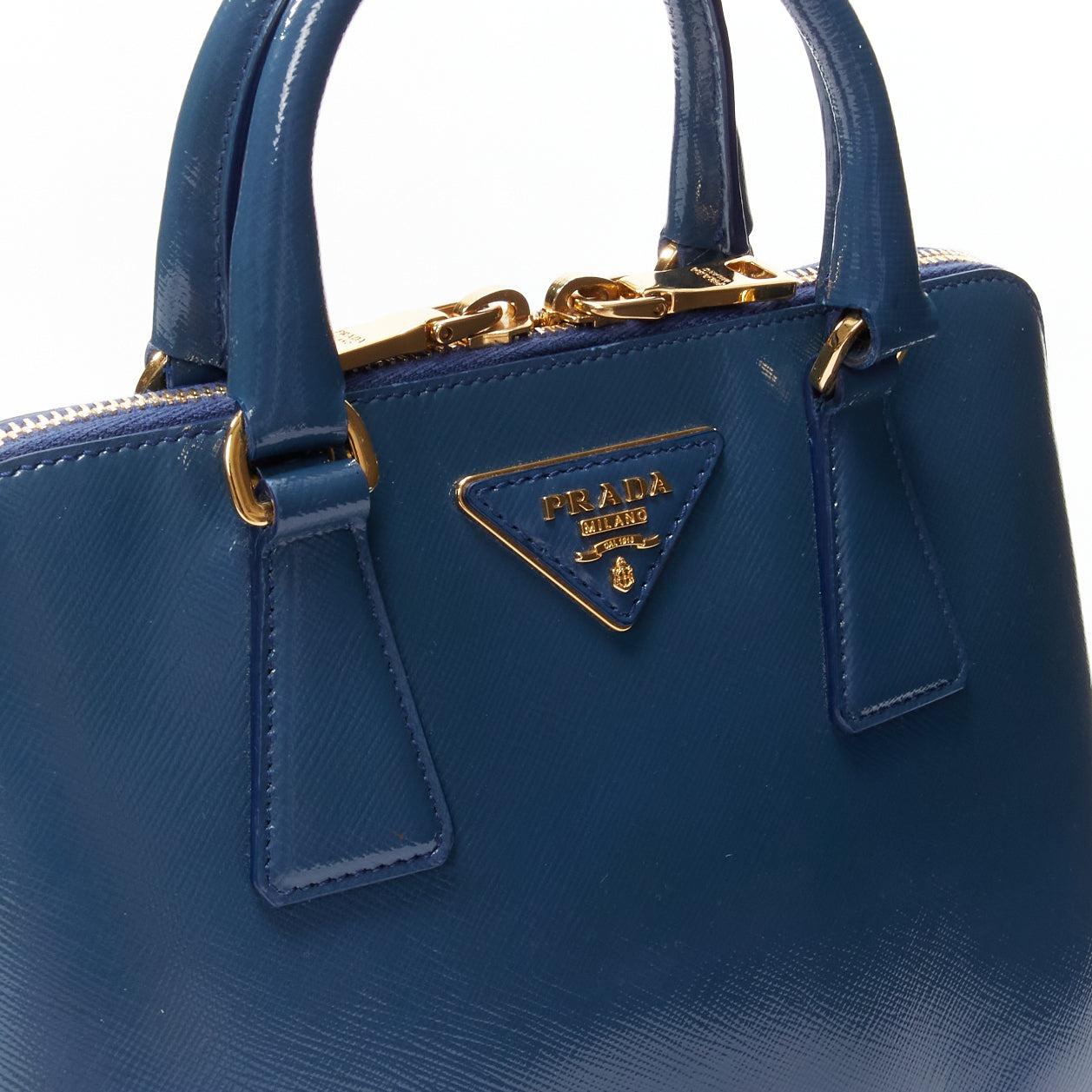 PRADA Promenade Vernice Saffiano blue leather triangle logo top handle tote bag For Sale 2