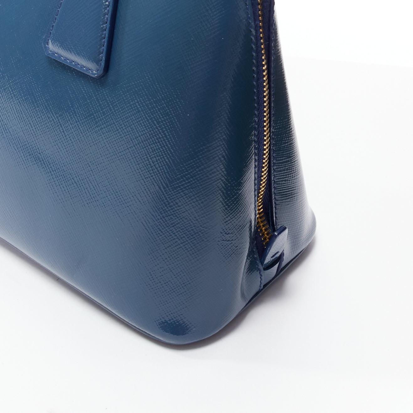 PRADA Promenade Vernice Saffiano blue leather triangle logo top handle tote bag For Sale 3