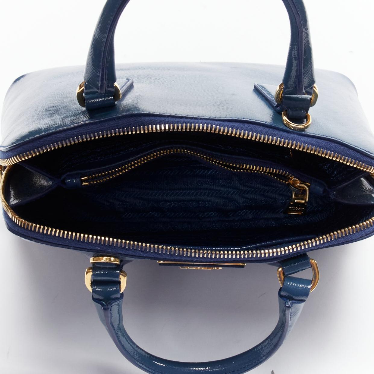 PRADA Promenade Vernice Saffiano blue leather triangle logo top handle tote bag For Sale 4