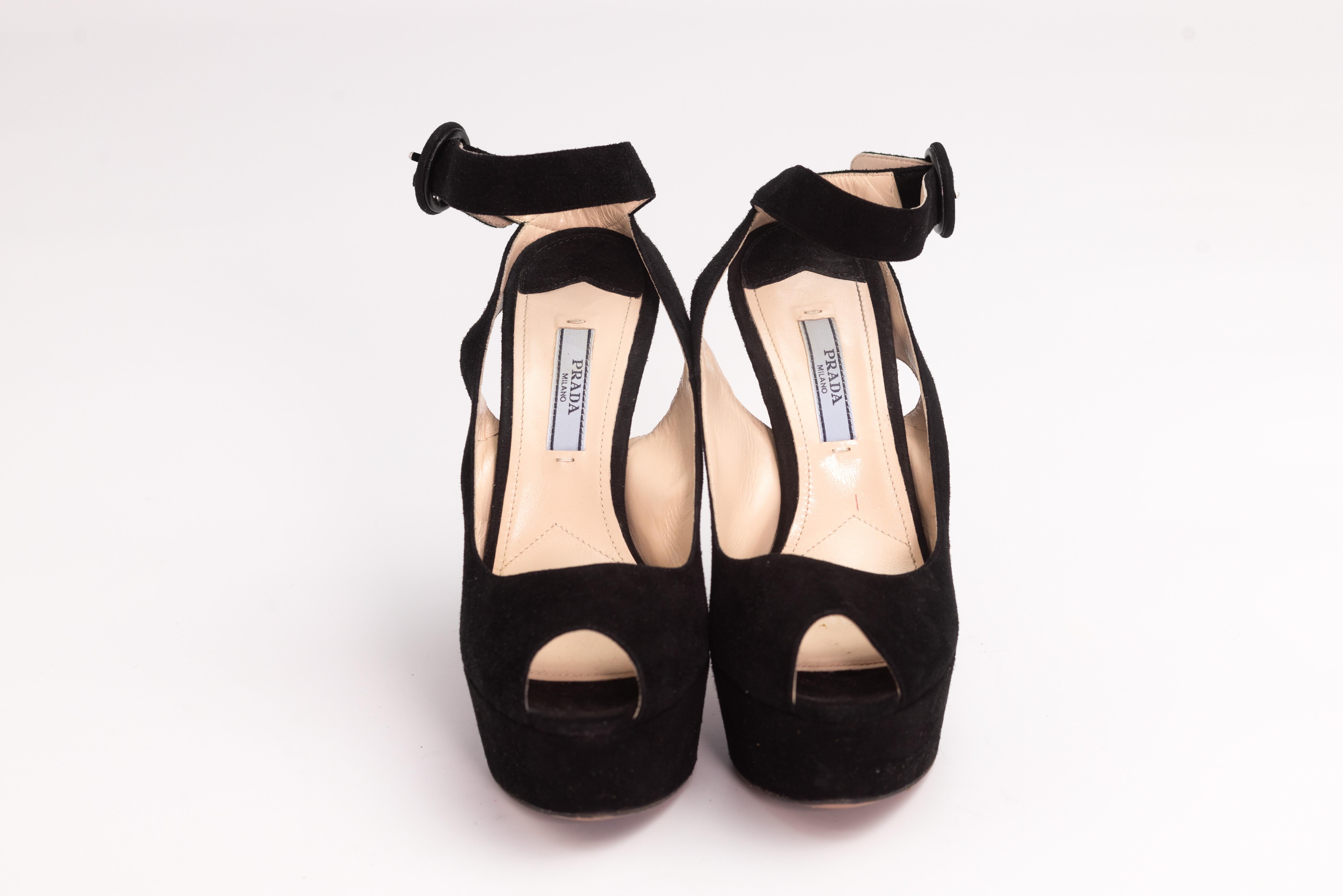 Women's Prada Pumps Black Suede Platform Ankle Strap Peep Toe Heels (EU 36) For Sale