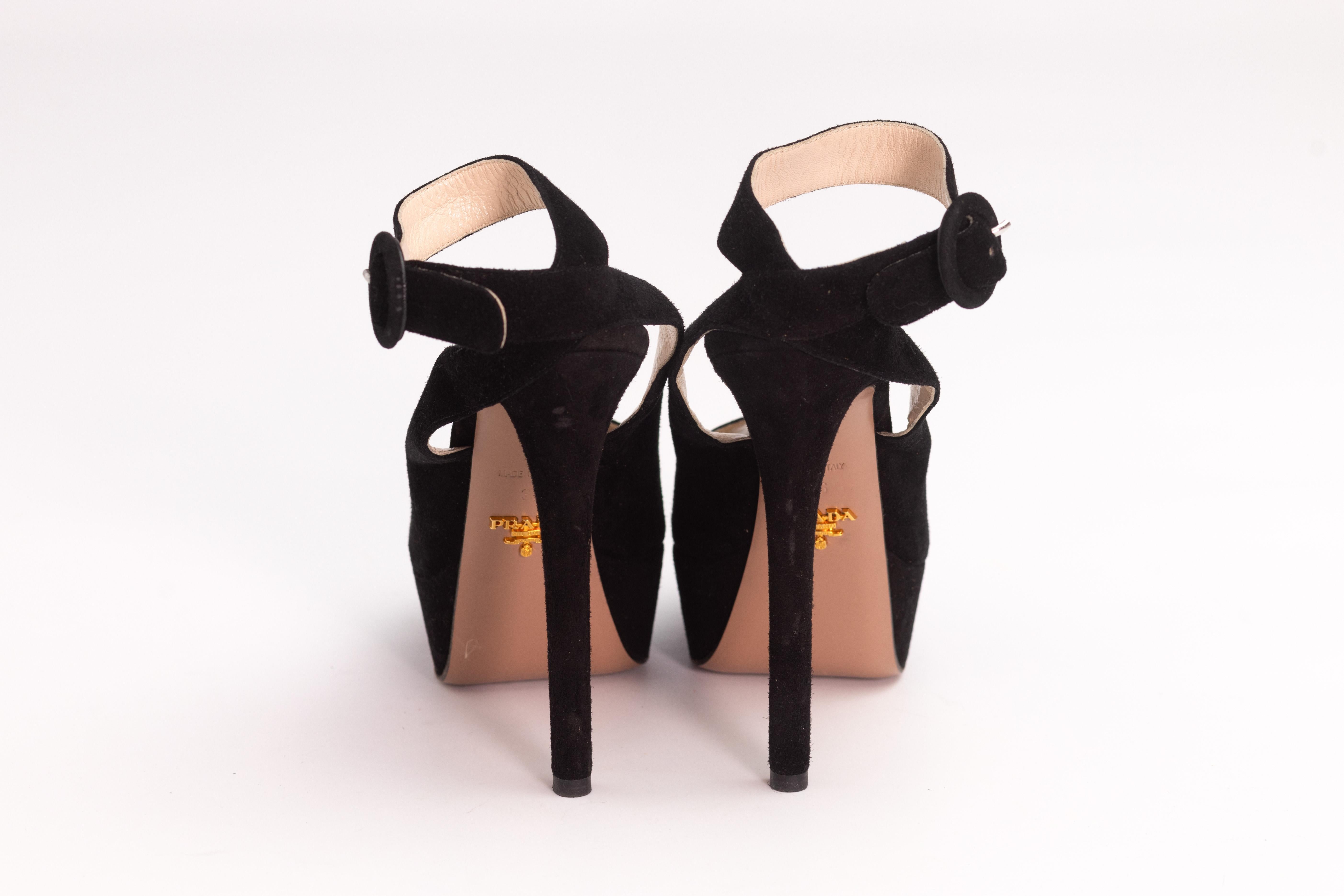 Prada Pumps Black Suede Platform Ankle Strap Peep Toe Heels (EU 36) For Sale 1